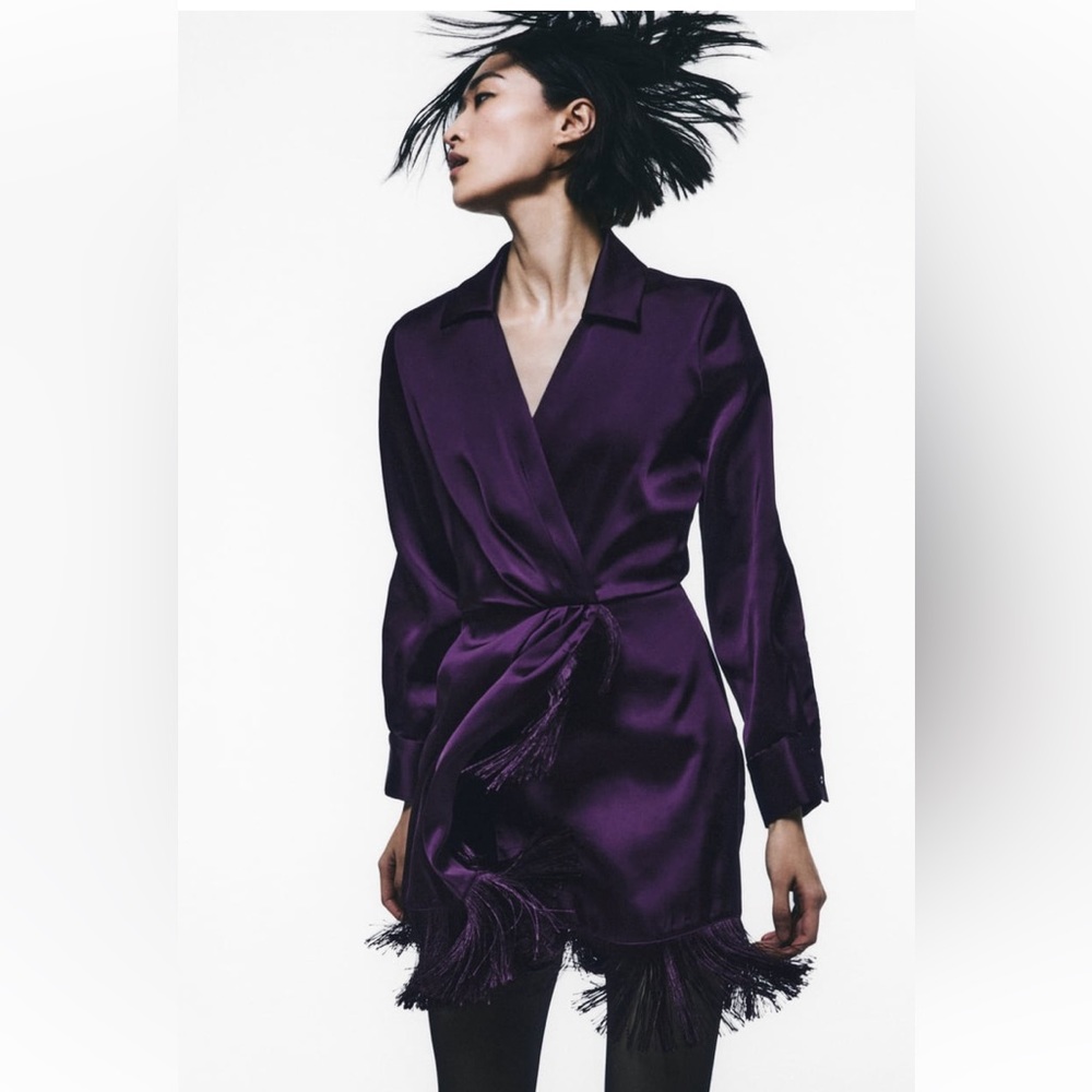 ZARA FRINGED SATIN EFFECT DRESS